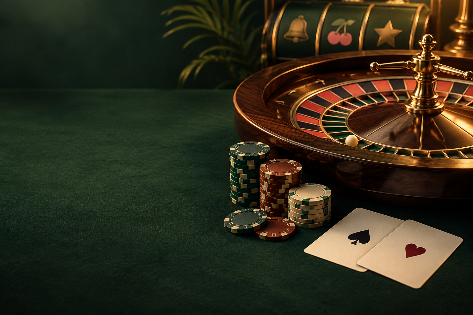 Meja roulette, kartu, dan cip dengan pencahayaan tembaga
