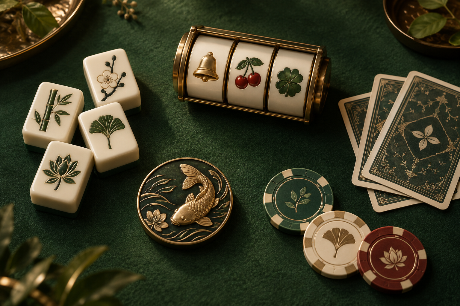 Susunan gulungan slot, ubin mahjong, kartu, dan cip di meja hijau